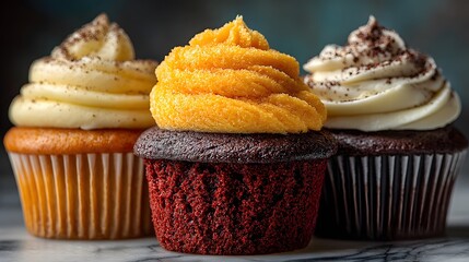 Trio of gourmet cupcakes lined up on a marble surface features vanilla, red velvet, and chocolate flavors with textured orange frosting.