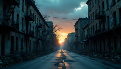 Dramatic sunset illuminates an abandoned city street after a rain shower