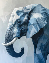 Cubist elephant portrait modern art urban gallery blue tones close-up view abstract concepts