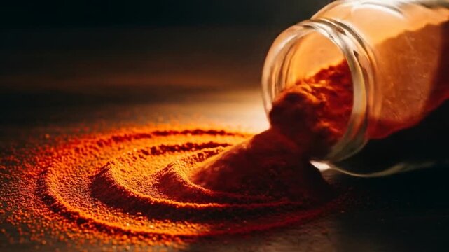 Cinematic slow-motion shot of vibrant paprika powder cascading from a glass jar, creating mesmerizing patterns on a dark surface, evoking culinary artistry and sensory delight