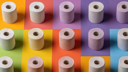 Colorful arrangement of decorative paper rolls displayed on vibrant colored backgrounds, showcasing ample textures and soft hues in an artful composition