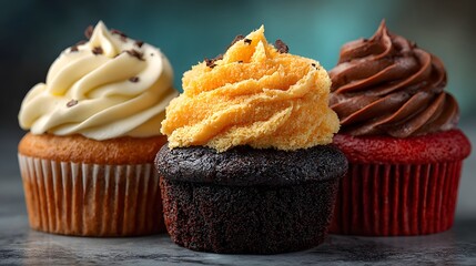 Trio of gourmet cupcakes lined up on a marble surface features vanilla, red velvet, and chocolate flavors with textured orange frosting.