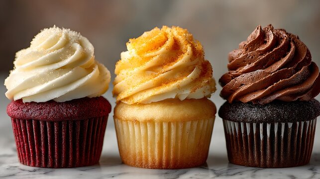 Trio of gourmet cupcakes lined up on a marble surface features vanilla, red velvet, and chocolate flavors with textured orange frosting.