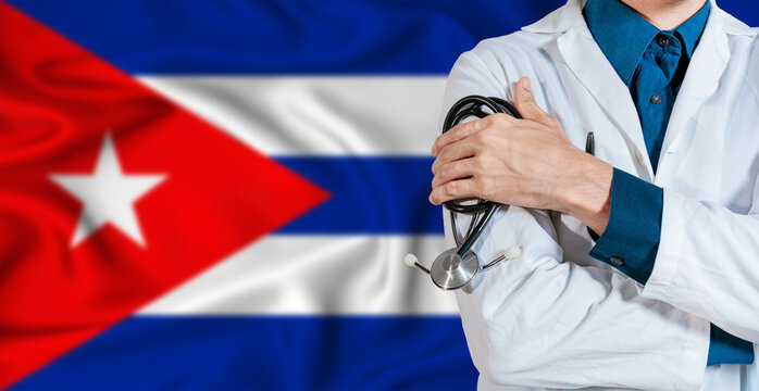 Cuba healthcare concept. Doctor with stethoscope on Cuba flag. Doctor holding stethoscope on Cuban flag - Powered by Adobe