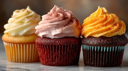 Trio of gourmet cupcakes lined up on a marble surface features vanilla, red velvet, and chocolate flavors with textured orange frosting.
