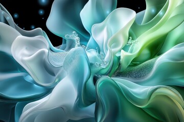 Soft organic swirls in blue, green, and silver create fluid, dynamic abstract design with smooth, flowing shapes and delicate water like bubbles, evoking sense of calm and motion