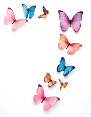 A collection of various colorful butterflies arranged diagonally against a plain white background, appearing as if in flight