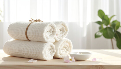Arranging soft towels spa setting home decor tranquil environment top-down view rolled towels for relaxation