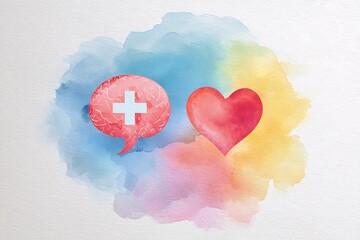 A watercolor illustration depicting mental and emotional health with a brain speech bubble and a heart on a colorful background.