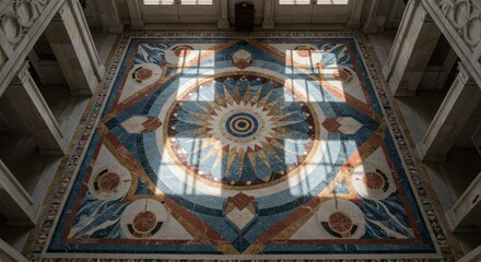 Obraz premium Geometric pattern tile floor with overhead sunlight creating shadows and interesting designs