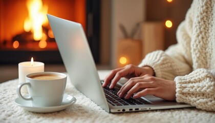 Woman in cozy sweater types on laptop near warm fireplace. Female hands on keyboard with coffee cup, candle. Freelancer works remotely from comfortable home office. Relaxing on winter evening with