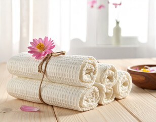 Organizing rolled towels in a spa setting interior decor lifestyle tranquil environment close-up serenity