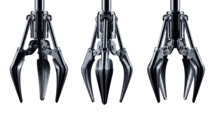 three identical, highly polished chrome mechanical claws showing open, partially closed, and tightly shut phases, isolated on a transparent background for copy space. concept of selection and
