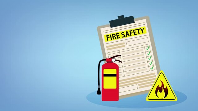  Fire fighting checklist. Extinguisher and paper tablet with checkmarks. Document at clipboard. Firefighting safety. Flame prevention checklist page. Extinguishing guidance 