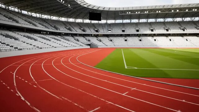 Red and white lines on an empty stadium running track and field set the scene for athletic competition