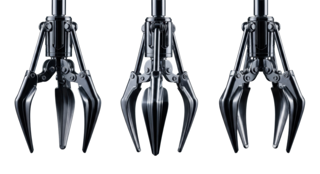 three identical, highly polished chrome mechanical claws showing open, partially closed, and tightly shut phases, isolated on a transparent background for copy space. concept of selection and