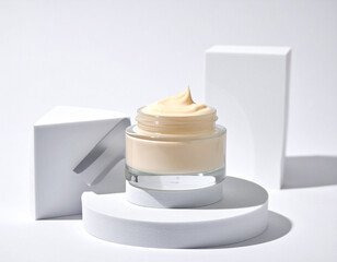 Showcasing unlabeled beige cream jar studio product photography minimalist close-up beauty concept
