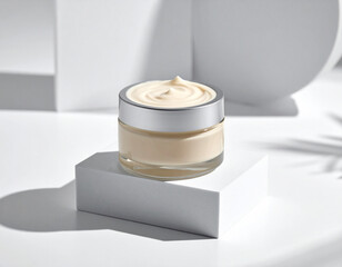 Showcasing unlabeled beige cream jar on a minimalist display cosmetic product modern studio aesthetic view natural beauty