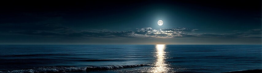 Peaceful Ocean Night Scene with Luminous Full Moon and Gentle Wave Reflections for Ambient Designs, and Dreamy Nighttime Artwork, Quiet Moonlit Sea with Soft Reflections on Dark Horizon
