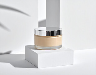 Showcasing unlabeled beige cream jar minimalist studio product photography modern aesthetic close-up view beauty concept