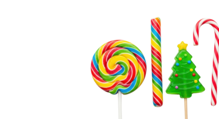 photorealistic macro of glossy lollipops, christmas tree candy, and red striped candy cane clustered on transparent background with ample copy space. concept of nostalgic festive sweets