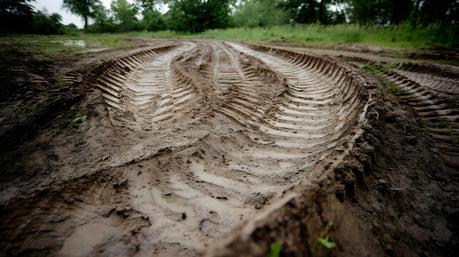 Tractor wheel tracks on wet muddy dirt road