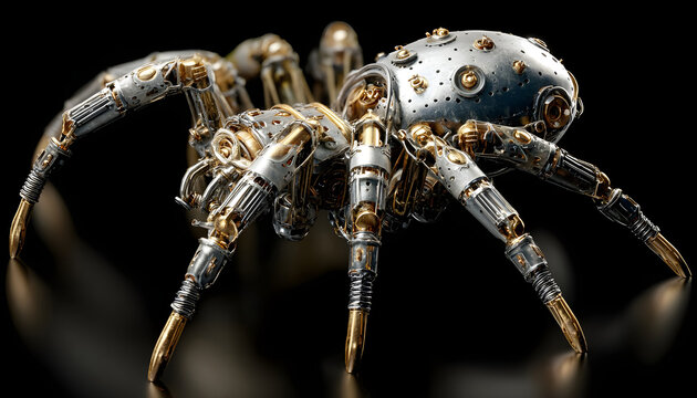 A detailed view of a metallic spider, perfect for science fiction or steampunk themed projects