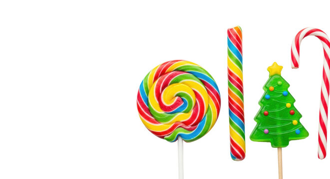 photorealistic macro of glossy lollipops, christmas tree candy, and red striped candy cane clustered on transparent background with ample copy space. concept of nostalgic festive sweets - Powered by Adobe