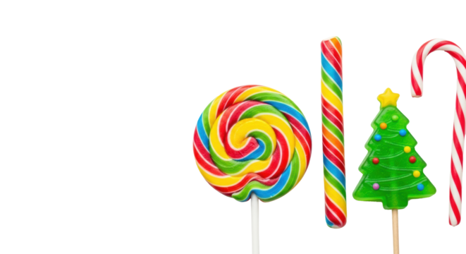 photorealistic macro of glossy lollipops, christmas tree candy, and red striped candy cane clustered on transparent background with ample copy space. concept of nostalgic festive sweets