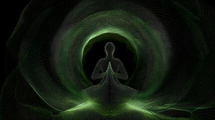 Human figure meditating receiving spiritual green energy