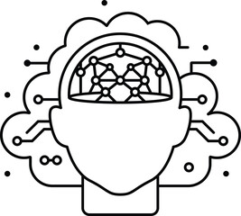 AI Neural Network Icon in Human Head Outline Machine Learning and Future Tech concept. Minimalist Brain Connection Icon. Artificial Intelligence and Data Processing