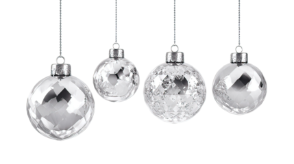 Four silver glass ornaments hanging with crystal shine reflective surface on transparent background