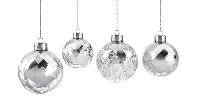 Four silver glass ornaments hanging with crystal shine reflective surface on transparent background