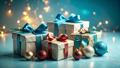 A composition of Christmas presents with red and blue bows next to ornaments. Warm lights surround the set.