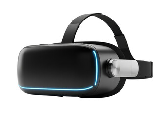 hyper-detailed, futuristic vr headset (hmd) in matte black, with glowing neon blue light and aluminum accents, isolated on transparent cyclorama. concept for high-tech product advertising