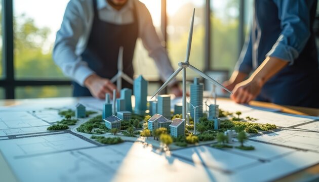 Engineers work on clean energy city model. They design sustainable urban tech with wind turbines solar panels. Project includes eco friendly buildings environment friendly solutions in office.