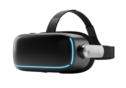 hyper-detailed, futuristic vr headset (hmd) in matte black, with glowing neon blue light and aluminum accents, isolated on transparent cyclorama. concept for high-tech product advertising