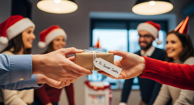 Secret Santa Gift Exchange: Festive colleagues gather, exchanging beautifully wrapped gifts adorned with heartfelt tags, radiating camaraderie. The atmosphere is filled with laughter and anticipation. - Powered by Adobe