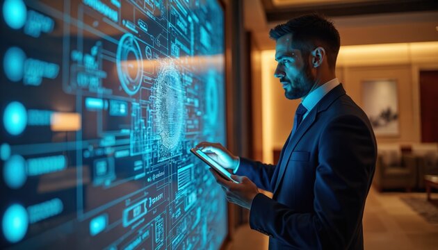 Man in suit interacts with large digital display showing complex data and graphs. He uses tablet device for control, planning future tech strategy. Smart building interface. - Powered by Adobe