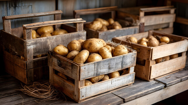 Freshly harvested potatoes stored in rustic wooden crates