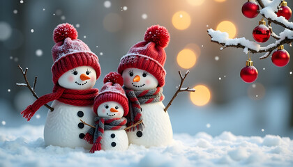 Festive snowman family with red hats and scarves in a winter wonderland scene