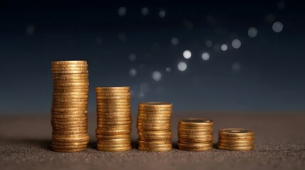 Stacks of gold coins arranged in a decreasing sequence symbolizing financial decline or economic downturn against a dark bokeh filled background
