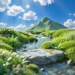 Scenic Mountain Stream Landscape Under a Blue Sky