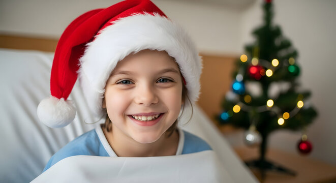 Joyful Christmas Wishes: A young child, adorned in a festive santa hat, radiates pure joy as they eagerly await the magic of Christmas near a decorated tree. capturing the heartwarming spirit
