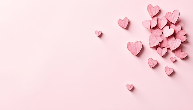 Pink wooden hearts scattered on a pastel pink background for Valentine's Day