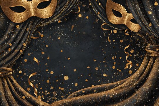 Elegant black and gold background with masquerade masks, flowing drapery, and sparkling glitter, perfect for festive celebrations. - Powered by Adobe