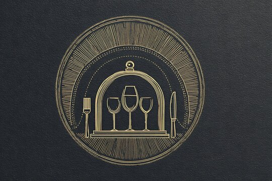 An elegant Art Deco golden line art illustration featuring fine dining cutlery and wine glasses on a dark background.