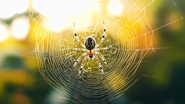 A closeup of a spider on its web. The spider is predominantly black with white and yellow markings. The web is intricately detailed with numerous strands and patterns. The background is blurred.