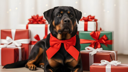 Festive Rottweiler: A regal Rottweiler, adorned with a festive red bow tie, sits amidst a vibrant array of wrapped presents. capturing the charm and the season's cheer.