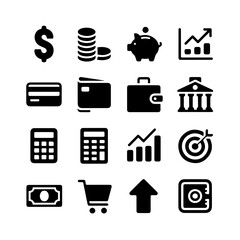 Finance Icon Set. Vector Design Pack Isolated on White Background. Grunge Stamp Vector Illustration.